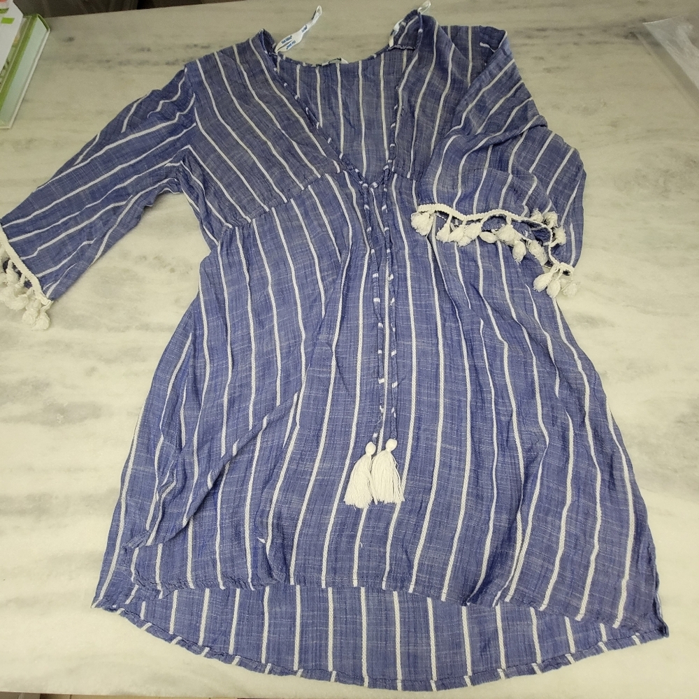 Blue Island White Blue Stripe Swim Cover Top Dress Tassels Large Vacation Resort